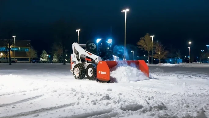 Bobcat-night-c Bobcat clearing snow in parking lot at night